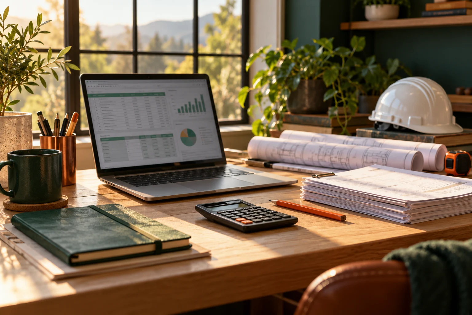 Illustrative contractor workspace with financial records, building plans and a hard hat